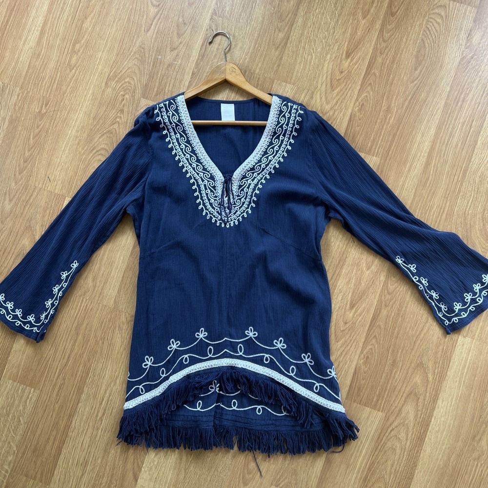 Womens Boho Tunic Sz XL Blue Embroidered Bell Sleeves Prairie Cowgirl Fringe